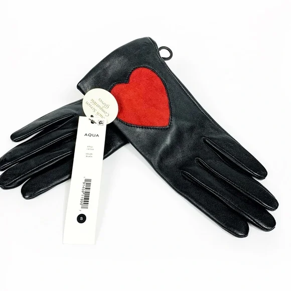 Aqua Leather Gloves w/ Red Suede Heart • Luxe Black NWT Gloves • Gift-Ready $129